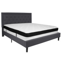 Flash Furniture SL-BMF-32-GG Roxbury King Size Tufted Upholstered Platform Bed in Dark Gray Fabric with Memory Foam Mattress